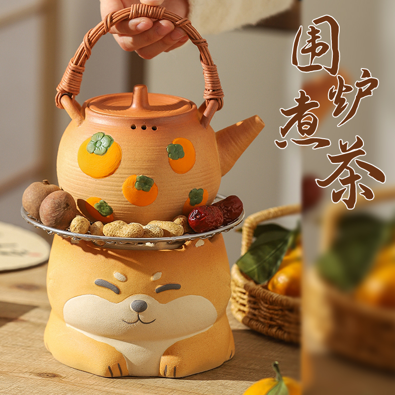 围炉煮茶龙猫炭炉可干烧粗陶加厚防烫提梁壶家用电炭两用小型茶炉