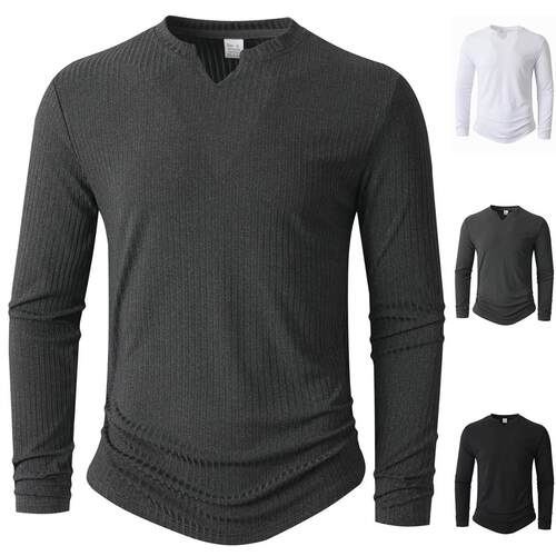 Men's Ribbed Henley Long Sleeve Shirt V-Neck Notch Collar