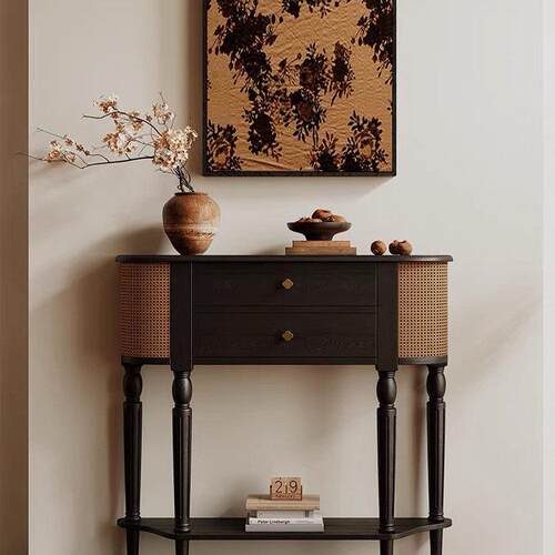 法式覆古全实木玄关桌美式半圆玄关柜小户型走廊过道中古风装饰柜