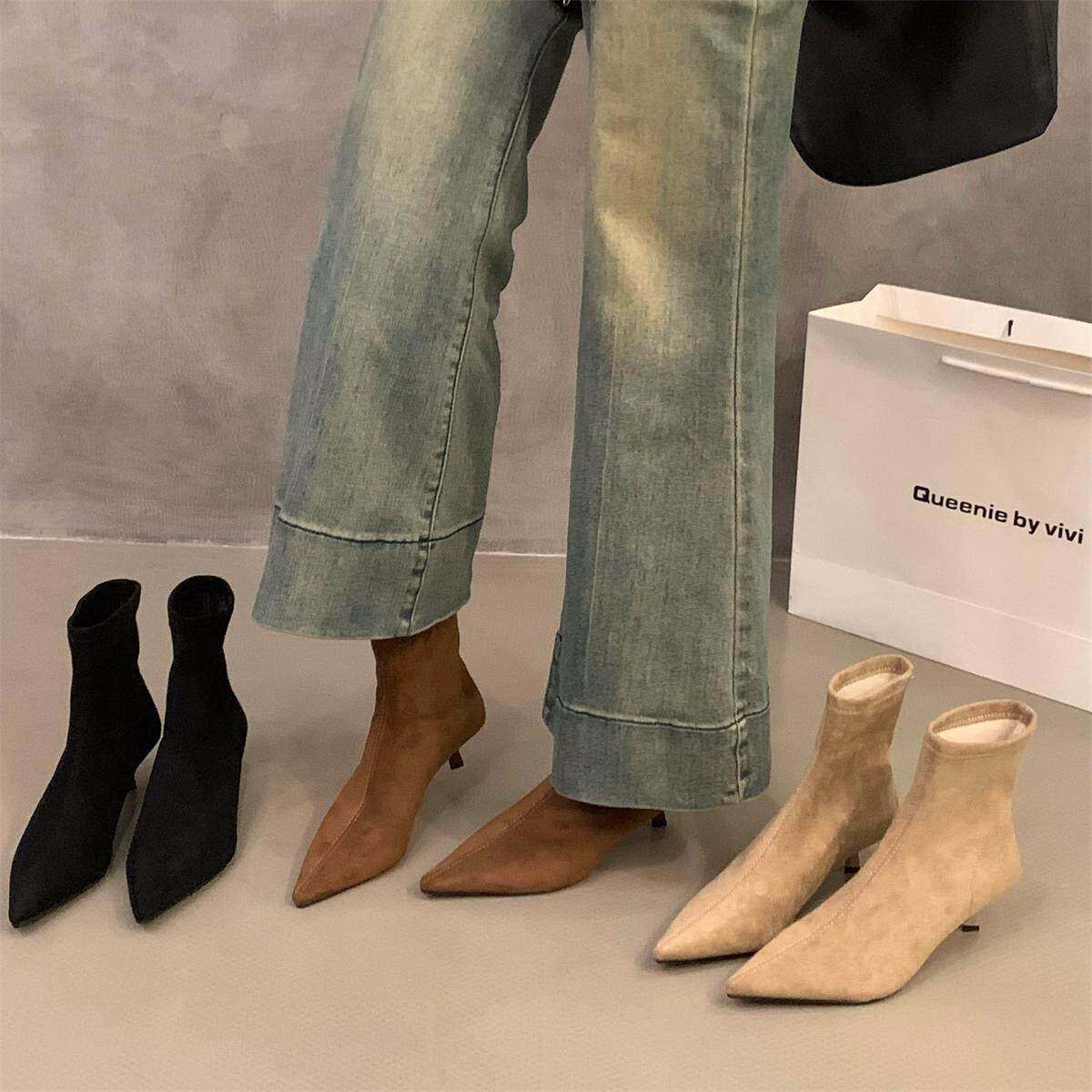 香港高跟尖头绒面瘦瘦靴短靴女鞋2025年新款夏季单靴棕色小踝靴子