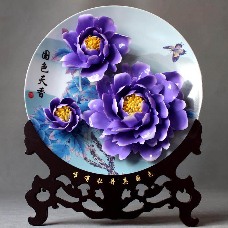 新款寸烤花2洛阳牡丹瓷盘花挂盘摆件礼品陶瓷家居装饰品花开1富贵
