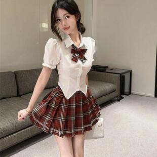 花千猪jk制服套装女夏季新品小个子收腰衬衫格子高腰半身裙两件套