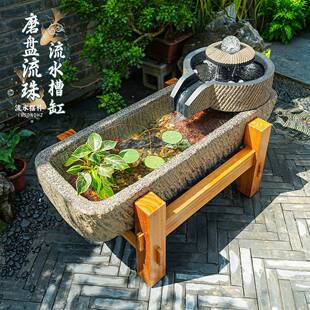 户外庭院流水景观 长方形人造石磨石槽鱼缸水晶球循环水流水摆件