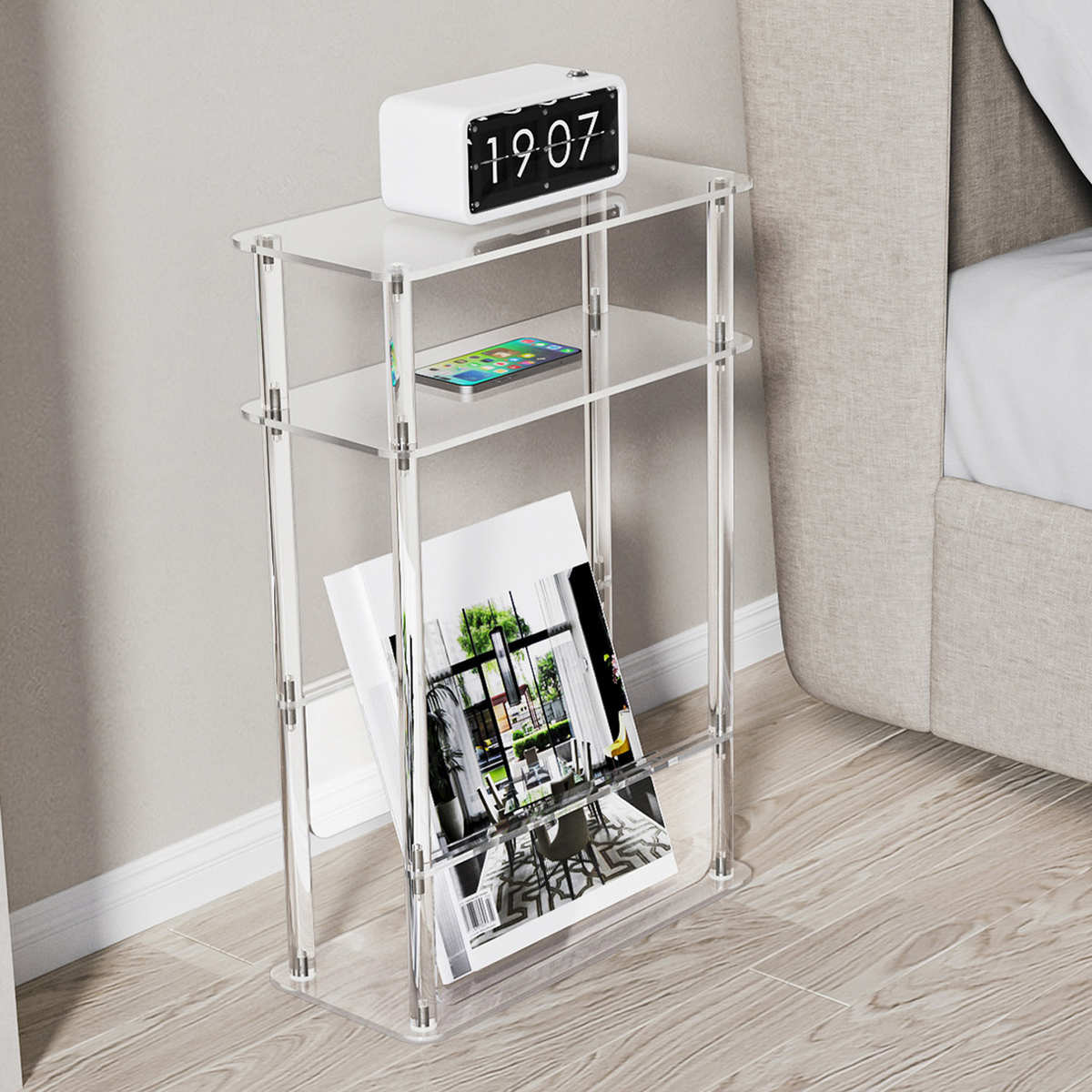 网红亚克力茶几三层杂志架落地ins边桌透明客厅极简北欧风置物架