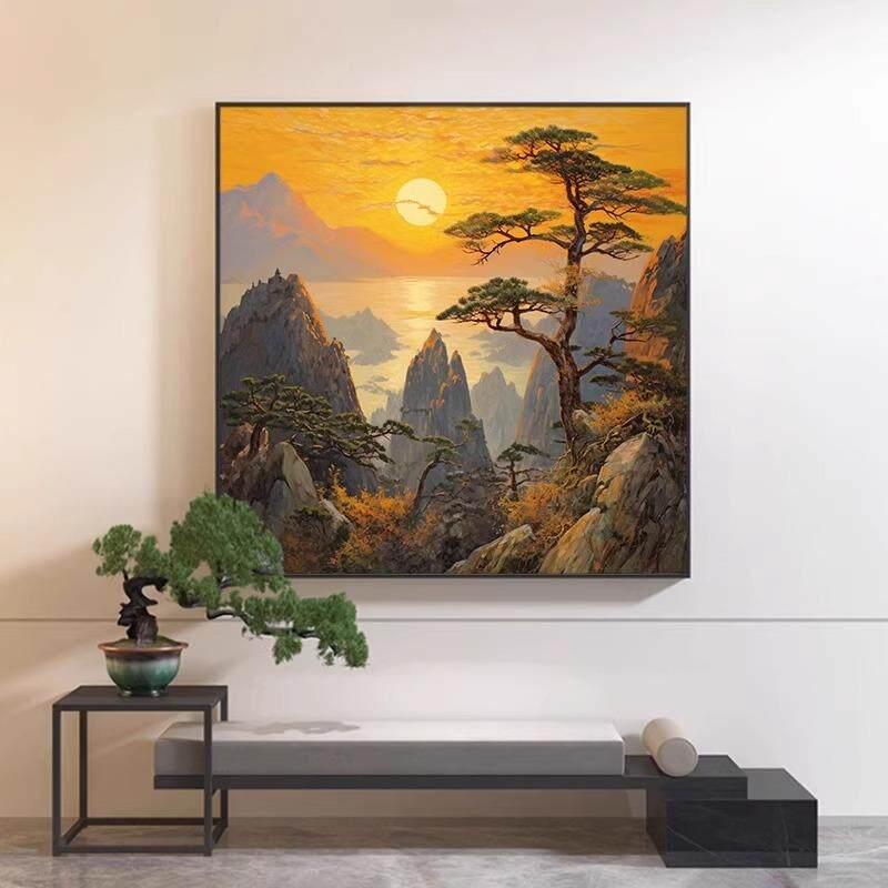 旭日东升玄关正方形挂画新中式山水风景客厅餐厅背景迎客松装饰画