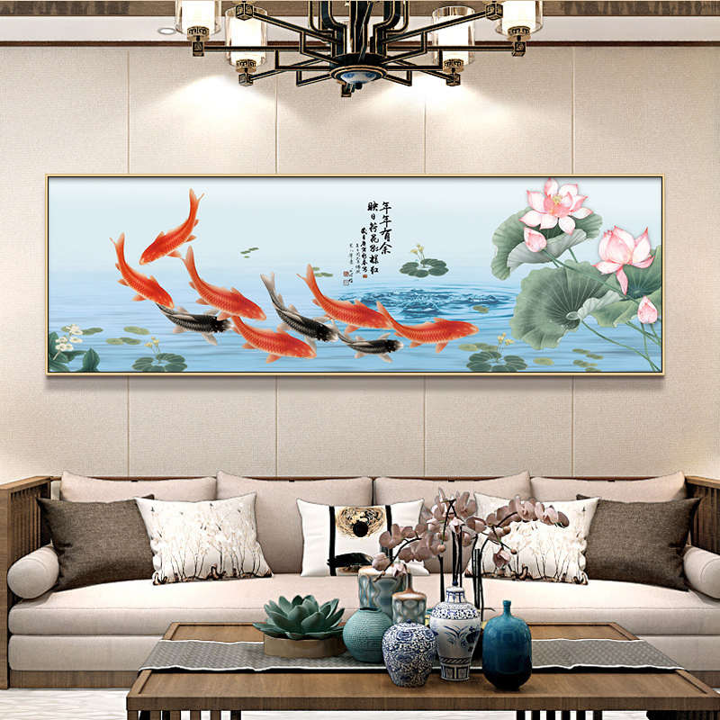 招财九鱼图客厅装饰画沙发背景壁画荷花禅意床头卧室连年有余挂画图片