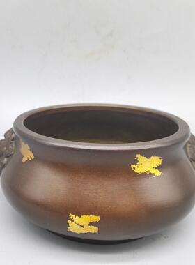 仿古铜点金大兽耳炉家居客厅摆件黄铜熏香炉铜香炉摆设工艺品