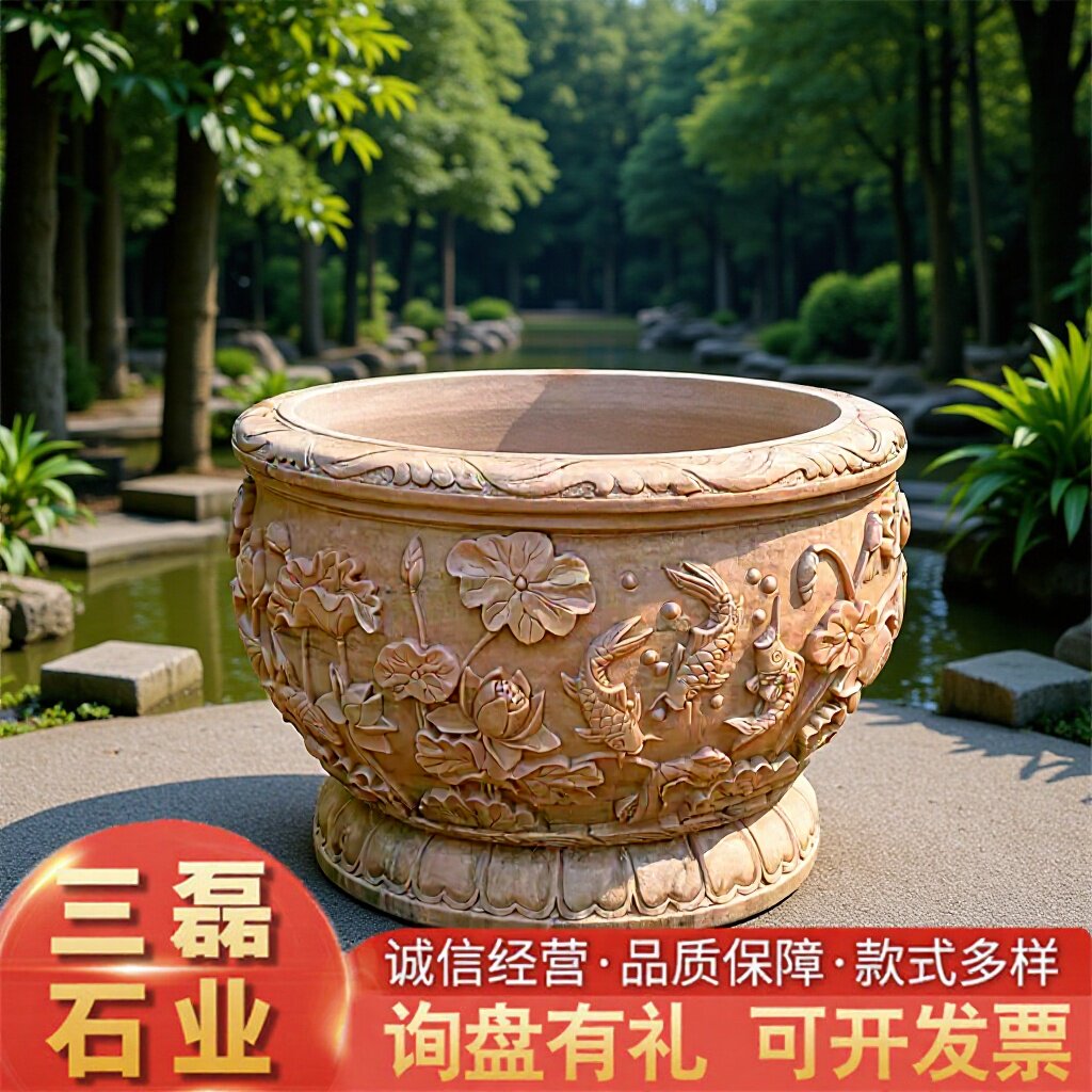 现货庭院别墅石雕门海青石聚宝盆石雕鱼缸水缸晚霞红养鱼荷花缸