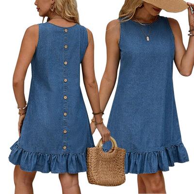 Women Sleeveless Dress Round Neck Ruffled Hem Casual