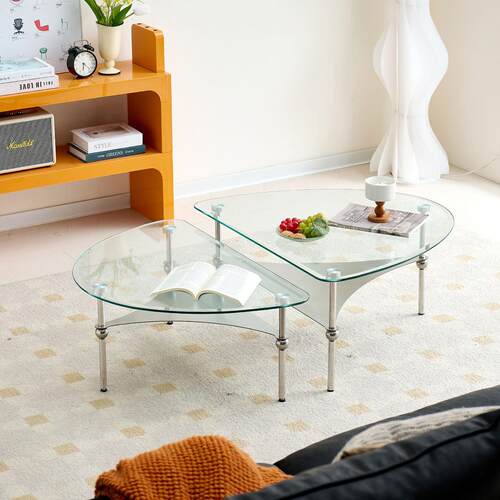 北欧现代玻璃茶几家用客厅椭圆形设计师小户型包豪斯不锈钢咖啡桌