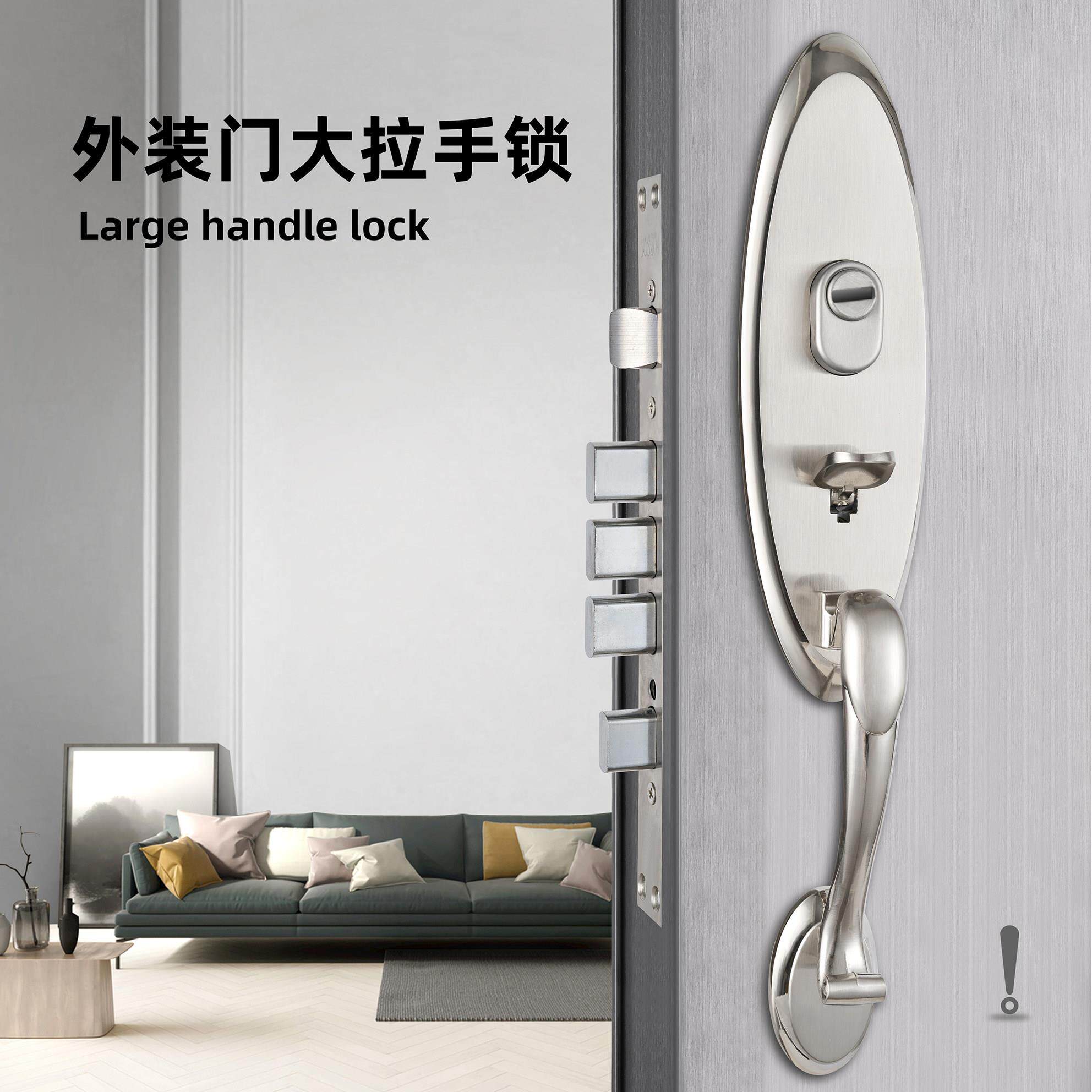 指压按钮大门锁门锁别墅大门锁入户对开门单拉锌合金大门锁大拉手