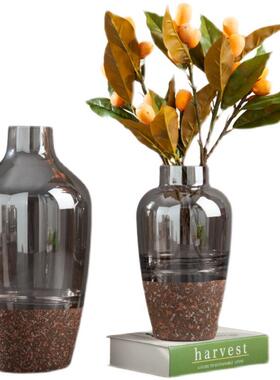 轻奢电镀茶色加磨砂石玻璃花瓶水培花器家居客厅装饰品插软装花瓶