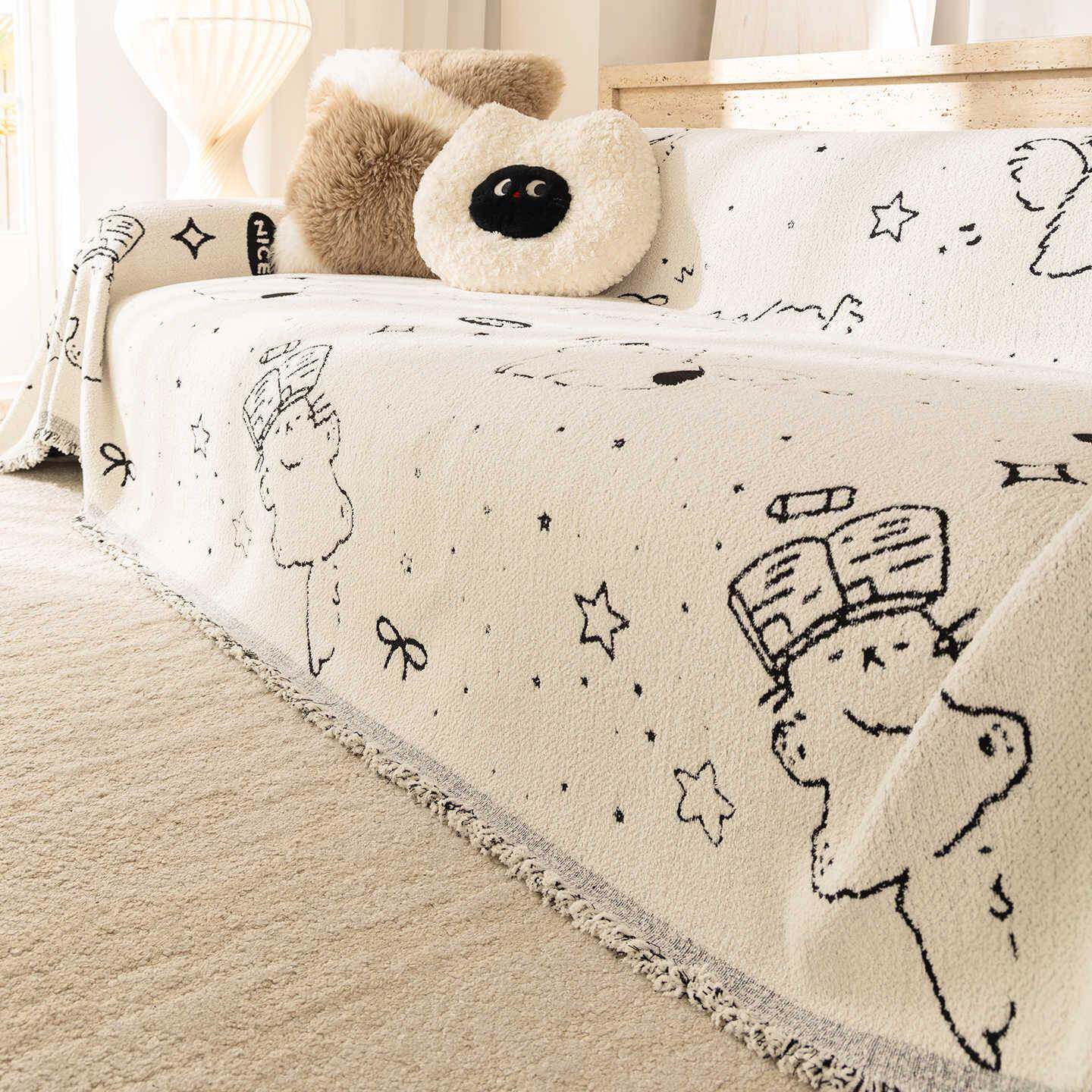 2026新款防滑半边绒沙发巾加厚耐脏奶油风可爱盖布放猫爪卡通套罩