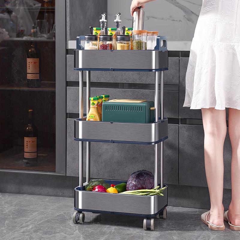 SI6K厨房收纳置物架落地多层小推车不锈钢菜篮字储物架带轮浴室卫
