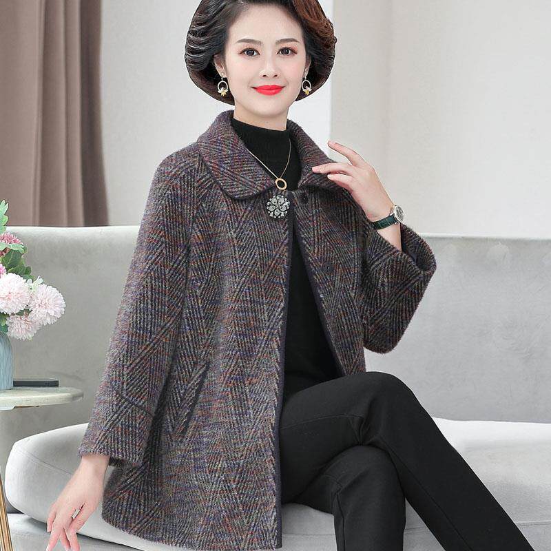 妈妈春秋翻领羊毛毛呢阔太太洋气上衣中老年女装秋冬羊毛呢子大衣