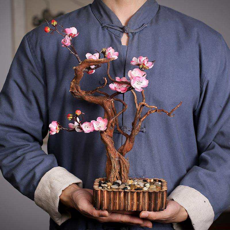 手工风化木摆件 中式禅意仿真桃花枯木摆件茶宠摆件创意装饰底座