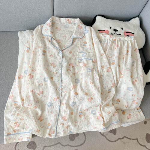 Womens Striped Bow Print Long Sleeve Pajama Set Sweet Cute