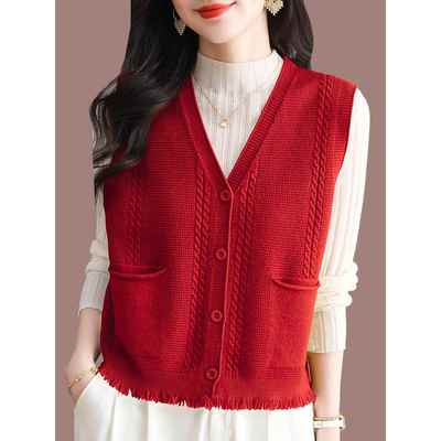 春秋2025新款时尚洋气V领针织马甲开衫女外搭羊毛衣背心马夹外套