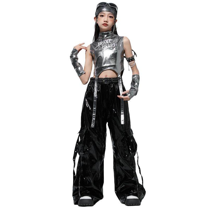 女童jazz爵士舞服女团炫酷银色背心皮裤T台走秀潮服打歌舞表演服