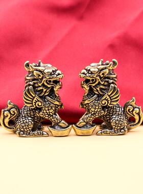 纯铜黄铜元宝麒麟摆件卧室纯铜纳福元宝麒麟瑞兽神兽一对装饰摆件