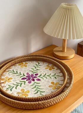 手工藤编贝壳多款色家钿CIW收纳圆形用客餐厅轻奢螺野餐篮高级托