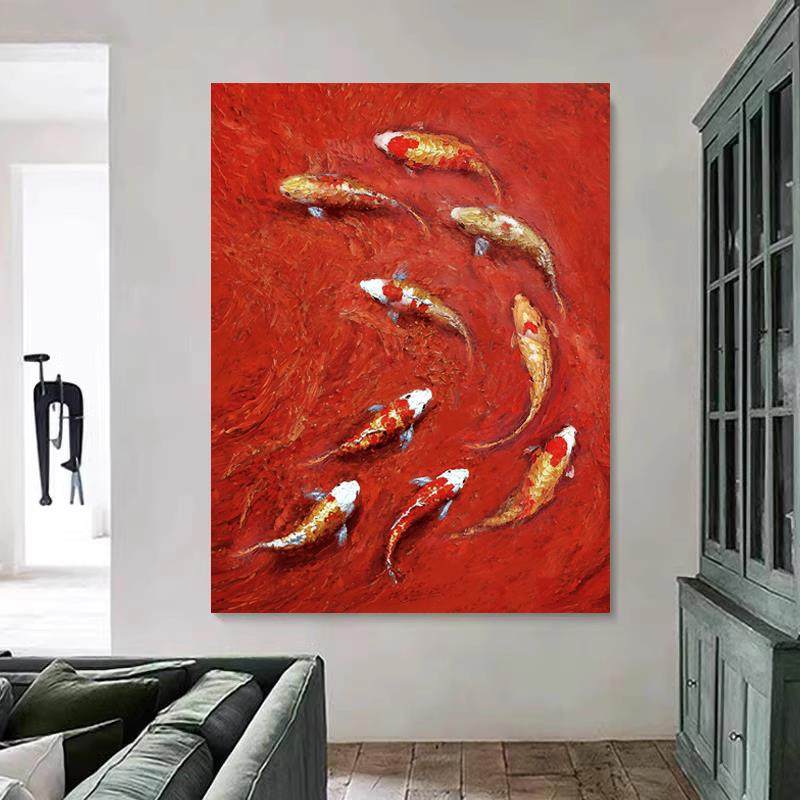 《九鱼图》抽象锦鲤聚财富客厅装饰画玄关走廊寓意好挂画餐厅壁画,家居饰品,现代装饰画,淘宝优惠券,粉丝福利购,淘宝优惠卷