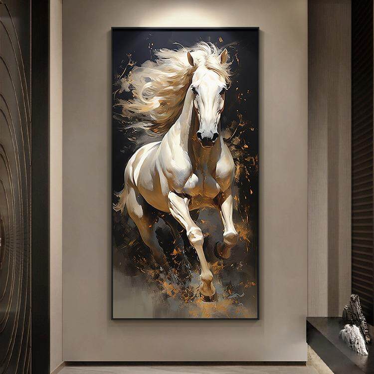 入户玄关装饰画骏马图马到成功客厅壁画现代轻奢走廊过道尽头挂画