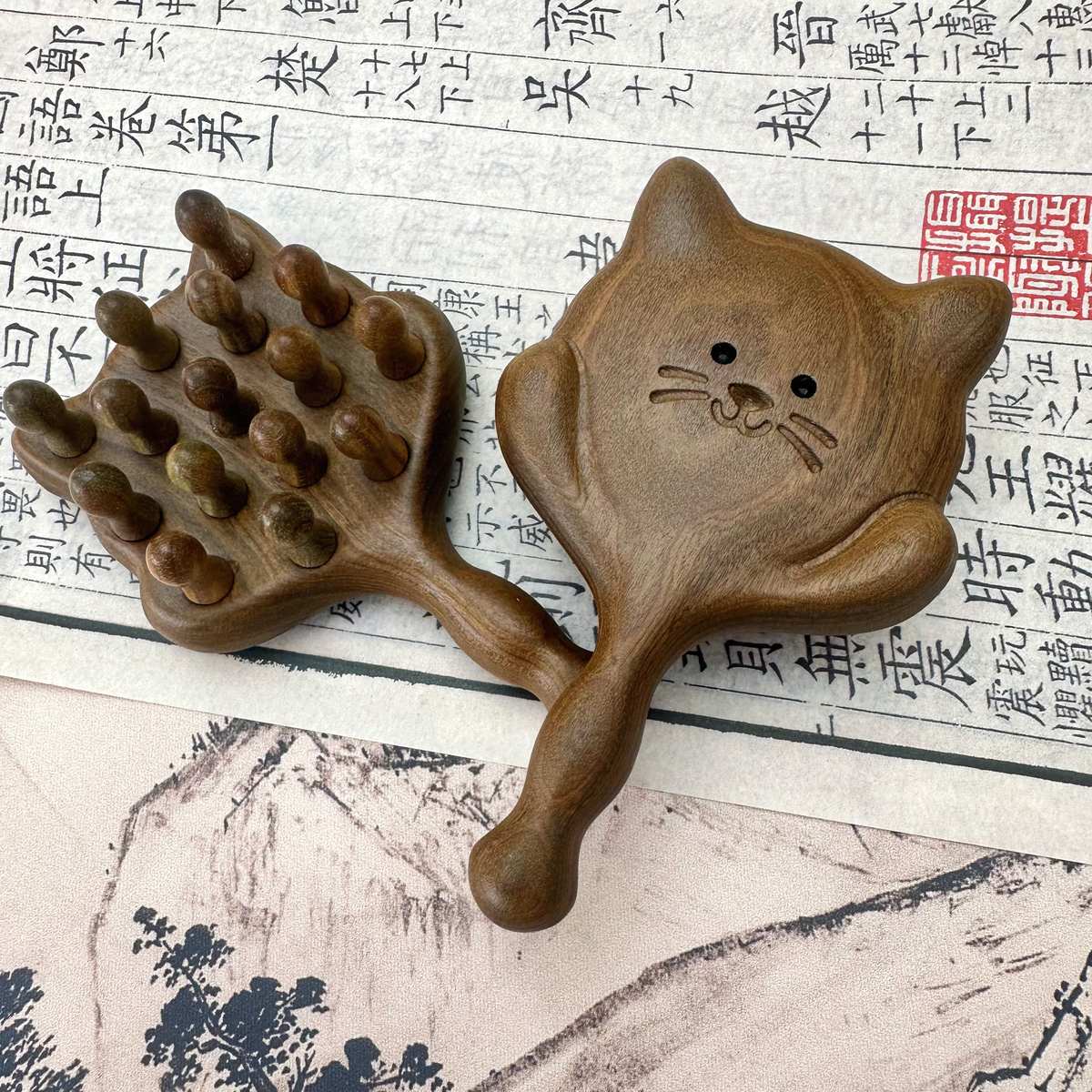 梳檀木梳子梳天然水滴齿手柄猫咪通用钉钉全身宽梳~头皮齿大按摩