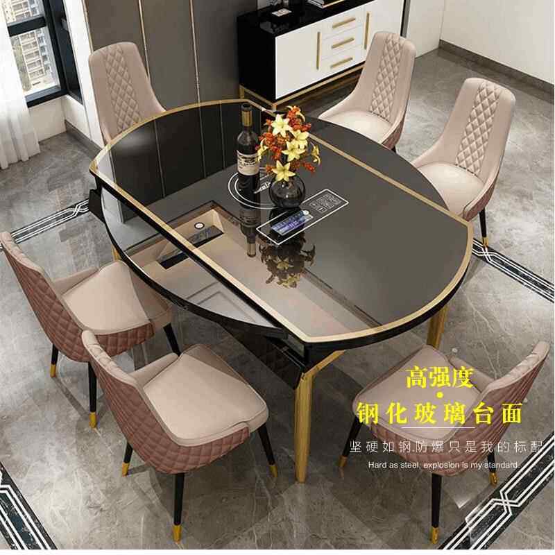 轻奢后现代黑白色烤漆圆形可折叠不锈钢镀金餐桌伸缩餐台餐厅饭桌