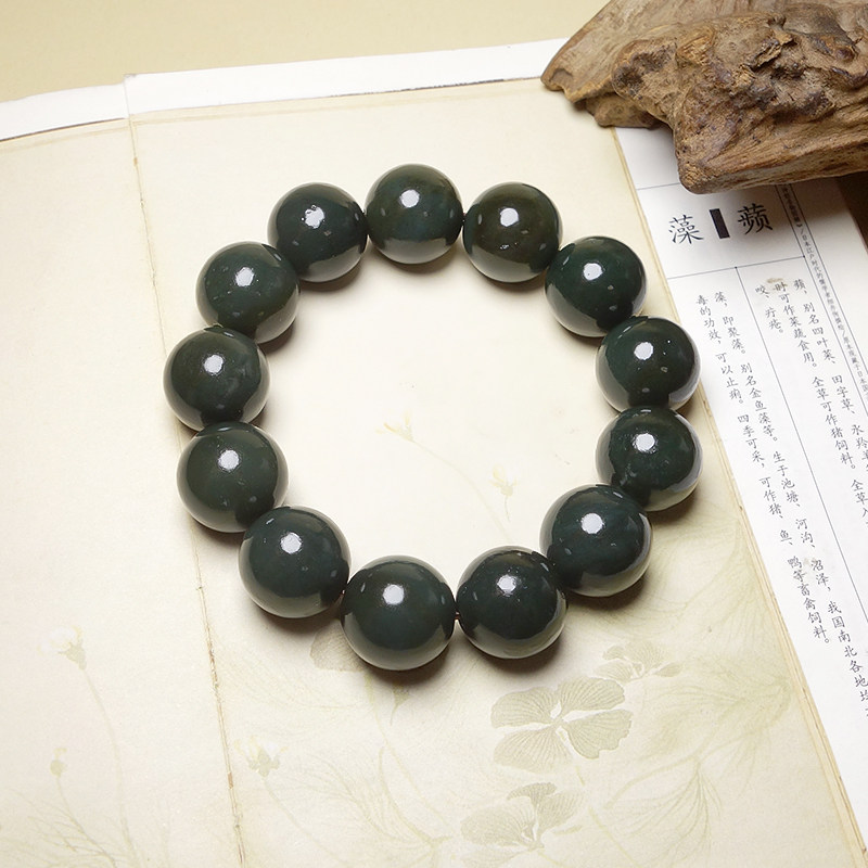约18mm天然保真新疆和田玉黑青玉沙枣青籽料男款手链手串109