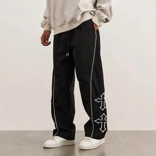 Men's Cross Print Straight-Leg Pants Vertical Stripe Design