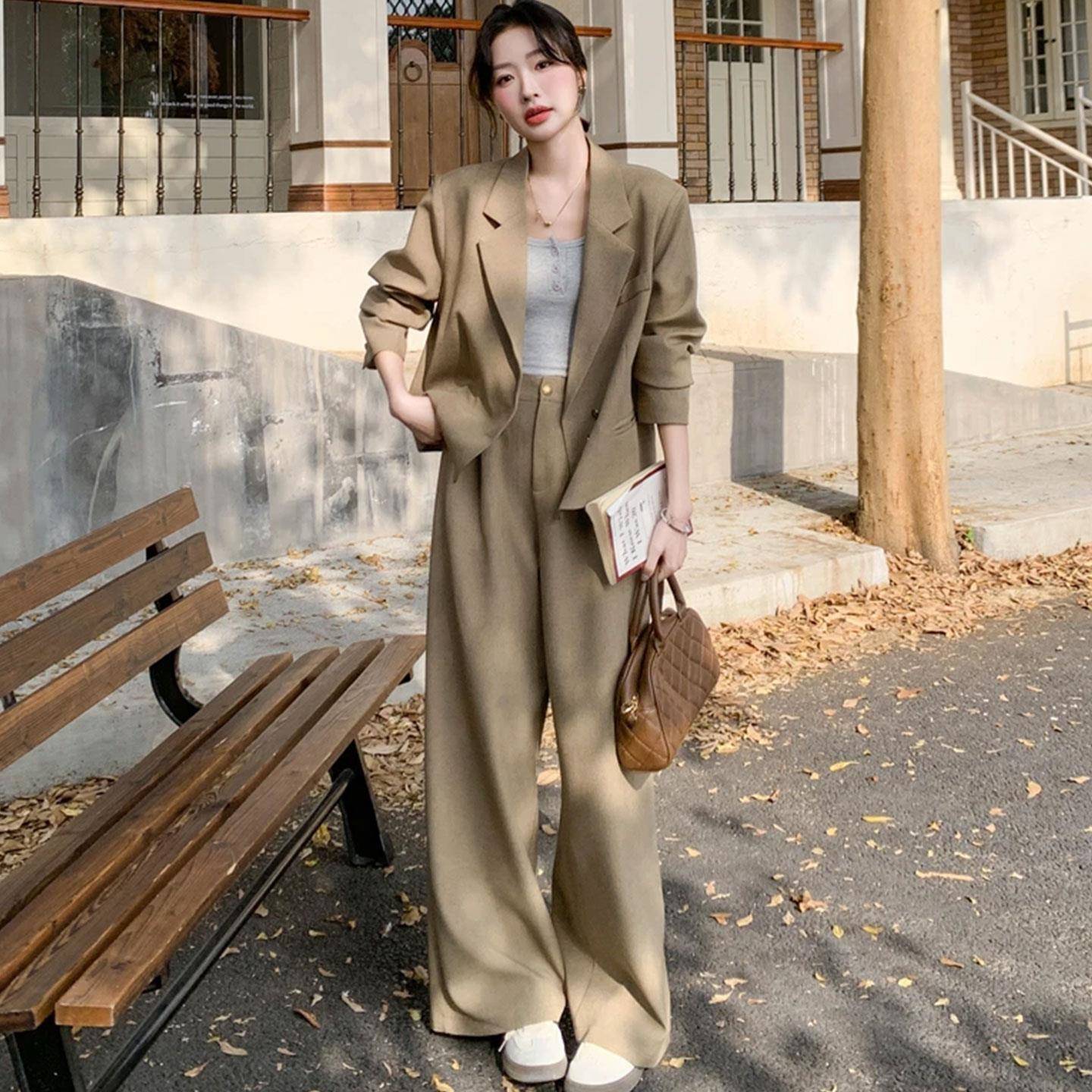 好货大码胖mm秋季女装西装领两件套高腰直筒长裤时尚套装通勤职场