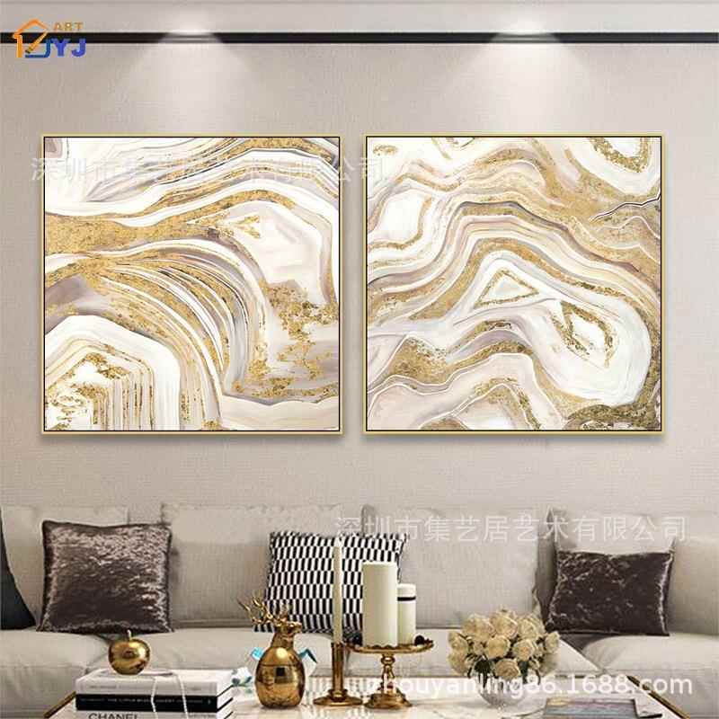 JYJ抽象金箔油画客厅玄关卧室装饰挂画手绘金属框成品画纯手绘