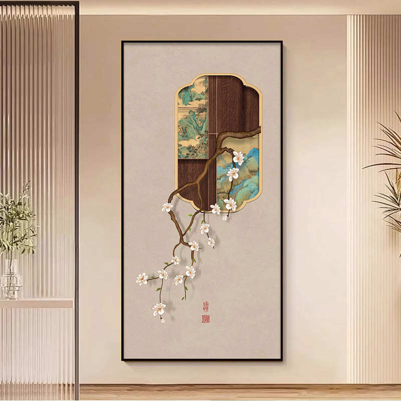 门厅迎客松挂画入户玄关装饰画新中式楼梯走廊茶室背景墙正对门壁
