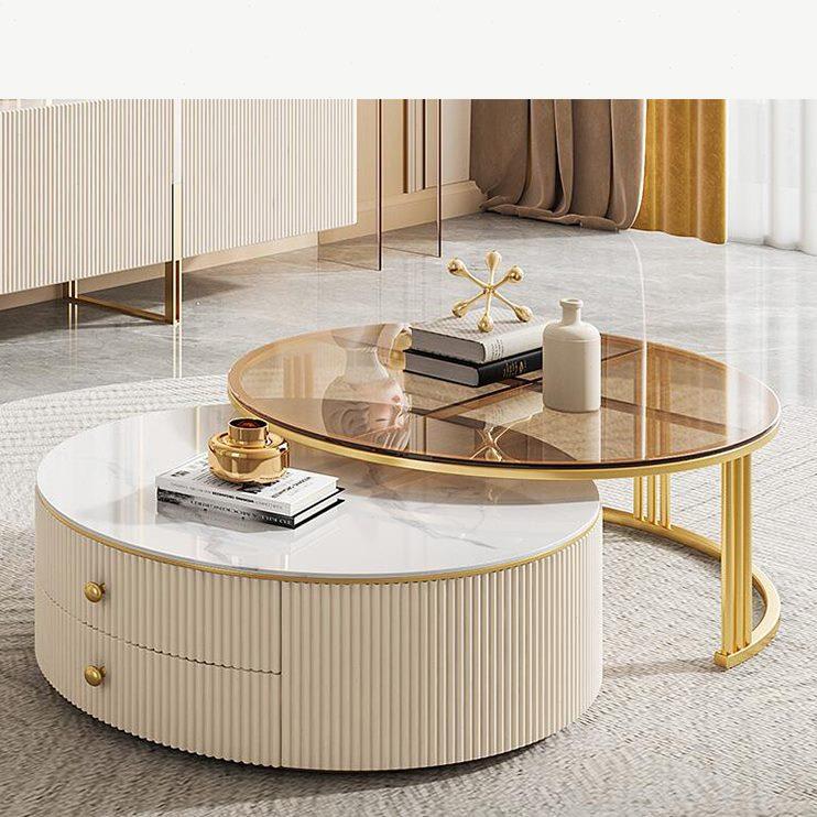 轻奢岩板茶几大小组合客厅家用小户型现代简约风可拉伸带抽屉圆形