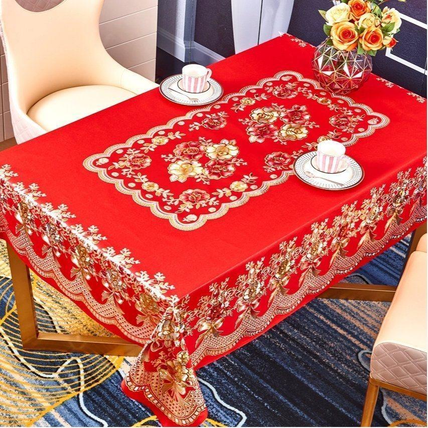结婚红色桌布免洗防水防油防烫长方形餐桌布红台布喜庆婚礼茶几布