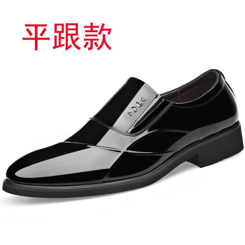 新款老人头装男鞋秋季男士商亮务正皮鞋真皮透c气漆皮皮内增高婚