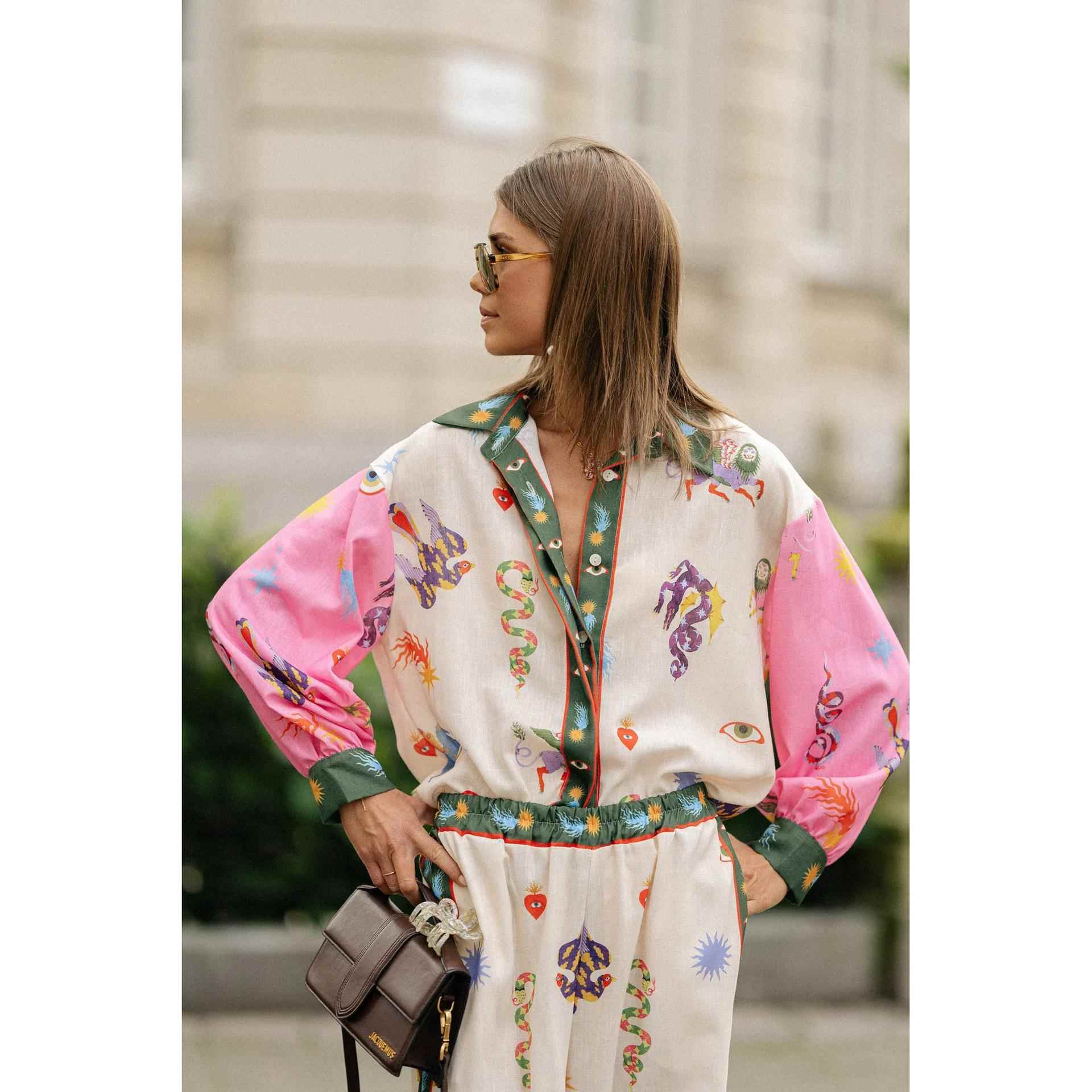 Long Sleeve Pocket Abstract Suit Loose Casual Two-piece