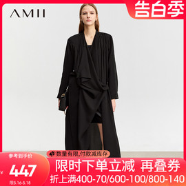 amii2024春休闲荡领不规则门襟，长款外套女雪纺长袖黑色上衣