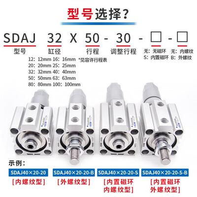 薄型可调气缸带磁外牙SDAJ12/16X20/25/32/40X50/63/80/100-30-SB