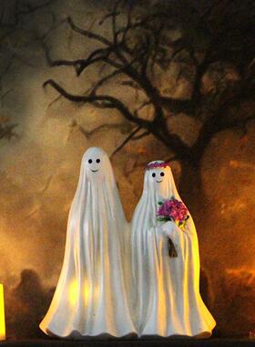 万圣节创意幽灵新娘和新郎装饰树脂与灯假日骷髅派对鬼魂节日装饰