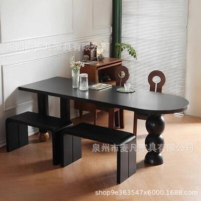 设计师白蜡木餐桌椅黑色长方形复古餐桌法式个性创意家用实木饭桌