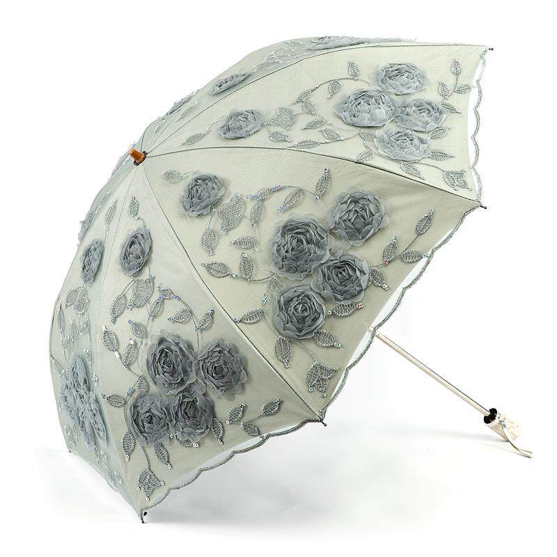 新款新款公主刺蕾绣花太阳伞丝边防晒防紫外阳线女黑胶二折遮伞晴