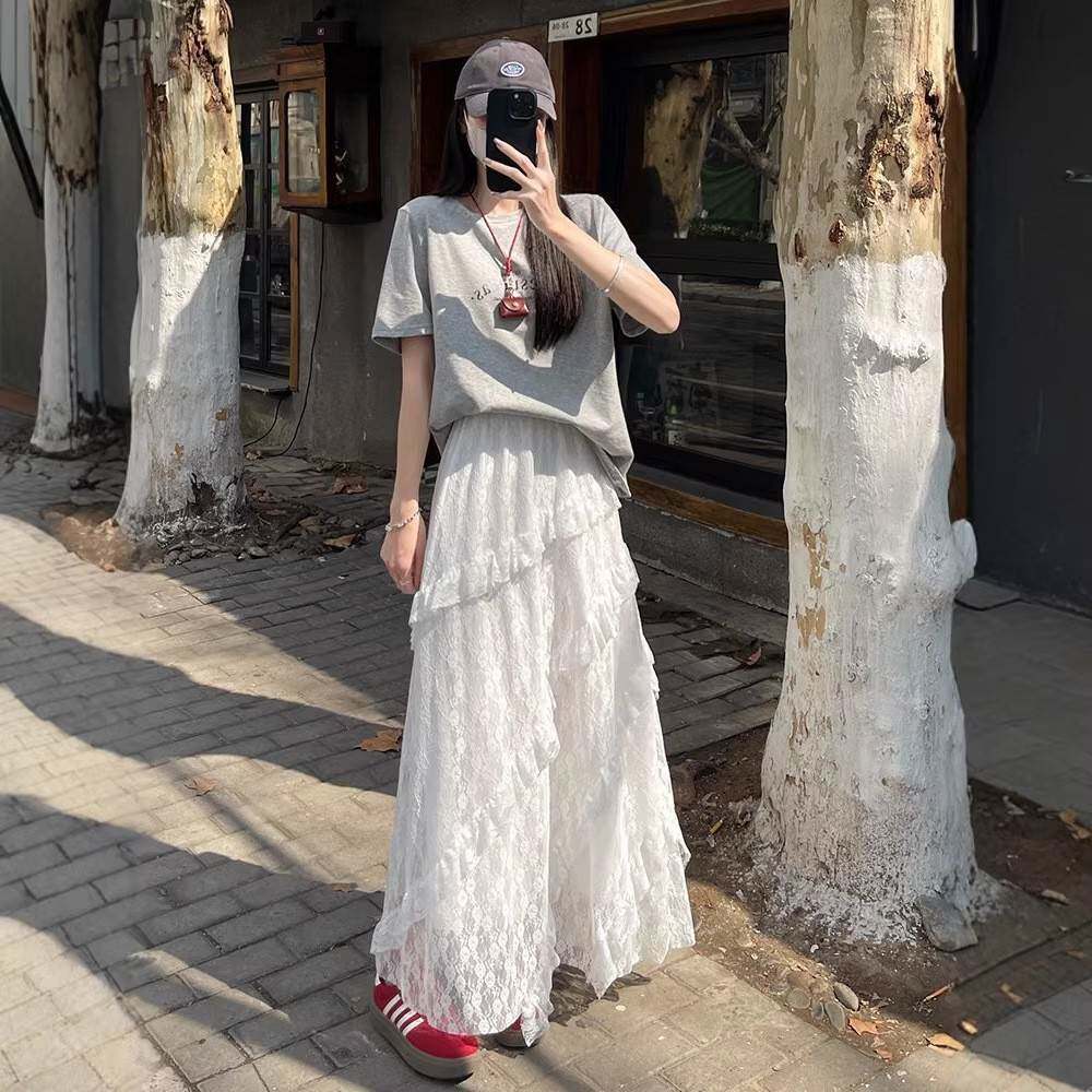 复古拼接斜纹白色蕾丝半身裙女早春松紧腰显瘦网纱长裙牛仔