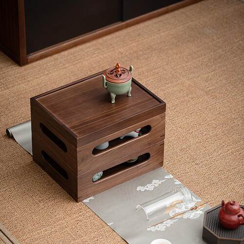 淘瓷八泡茶桌面整理收纳盒胡桃木防尘简约叠加式双层盒子免安装