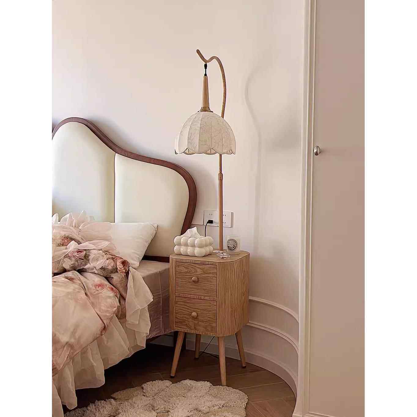 法式原木风卧室置物架床头柜落地灯简约现代客厅沙发边几一体台灯