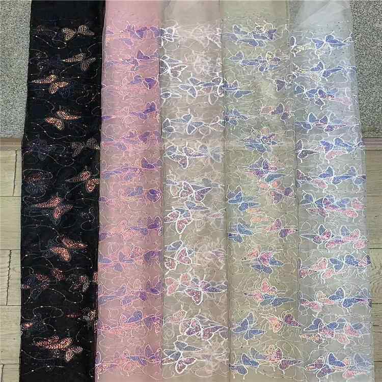 女童蝴蝶珠片刺绣蕾丝布面料 珠片蝴蝶 网纱面料蕾丝花边辅料