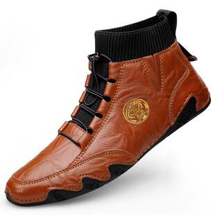 高档豆鞋士中高冬季丝绒豆棉鞋休帮闲真皮大码懒男人驾驶皮鞋靴男