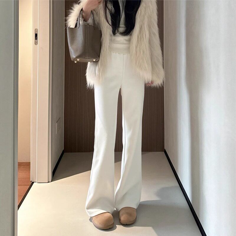 日系羊毛呢窄版阔腿裤女秋冬加厚加绒直筒裤高腰垂感微喇糯米裤子