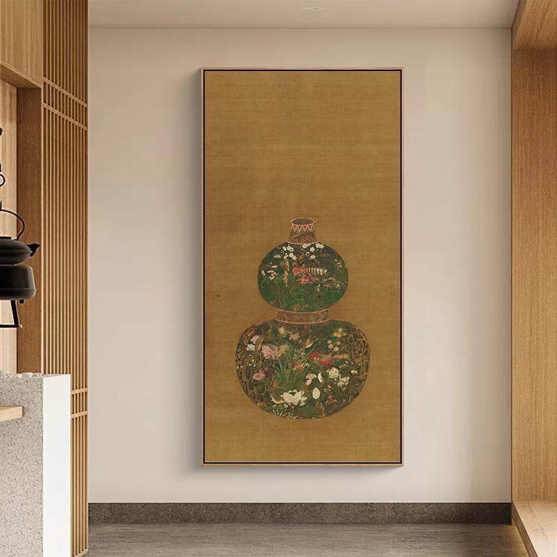 葫芦花法式复古中LLO国风玄瓶装饰画新中关式中古厅书房玄关壁画